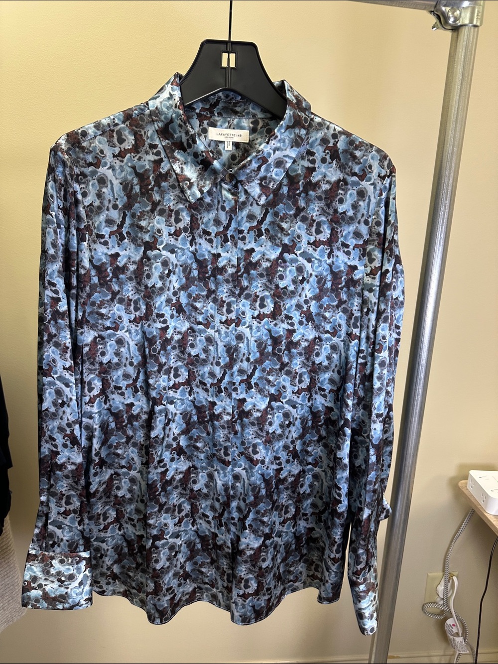 Lafayette 148 New York Blue and Black Abstract Floral Button-Down Shirt
